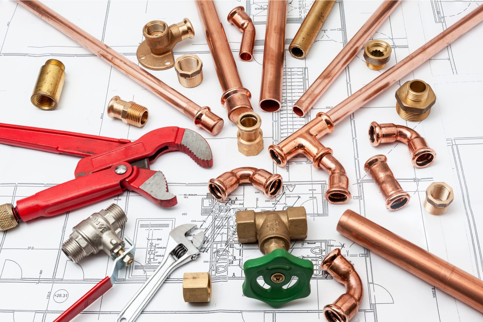 Copper pipes, fittings, valves, and plumbing tools in West Chester