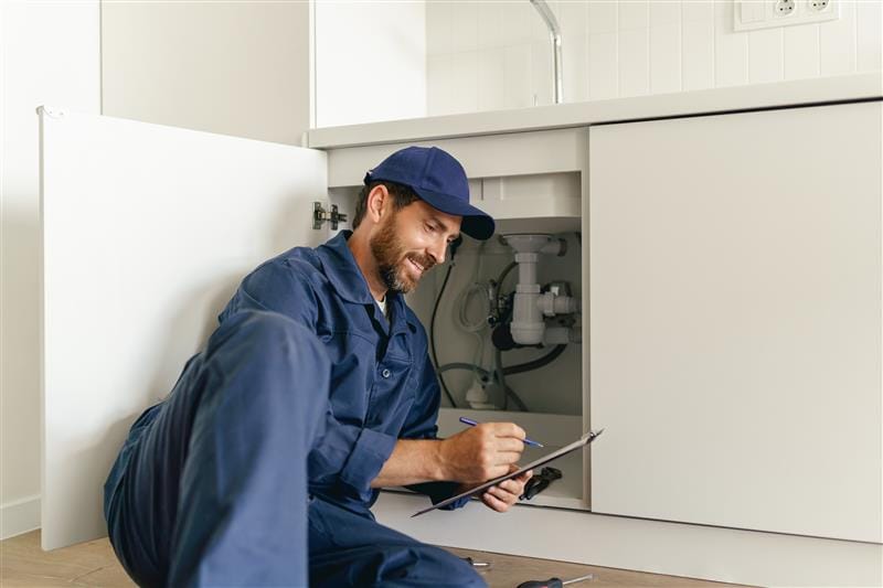 Residential plumber reviewing plumbing repairs in a West Chester kitchen