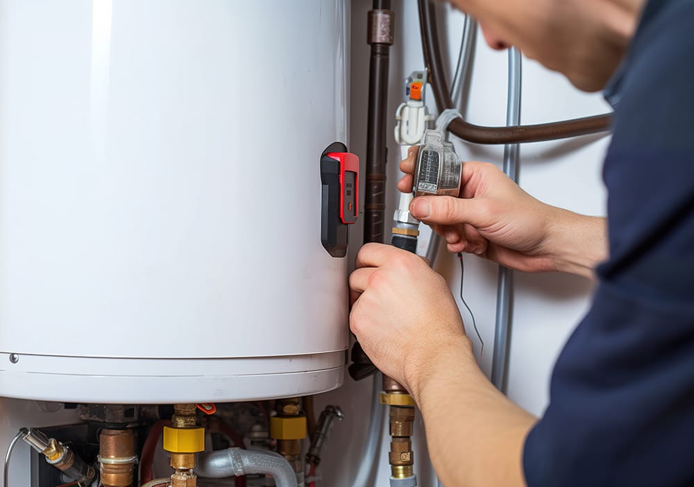 Technician repairing pipes connected to a water heater in West Chester